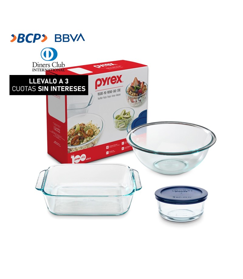 Set Pyrex 4pz Bowl t/plastico 2tz + Bowl 1.4 Lt + Fuente Cuadrada 1.4Lt 300306