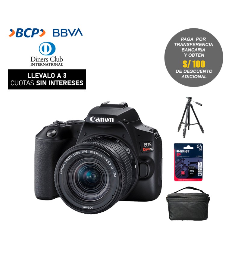 Camara Canon EOS Rebel SL3 + 18-55mm IS STM + Tripode (Gratis: Estuche + Mem.64GB)